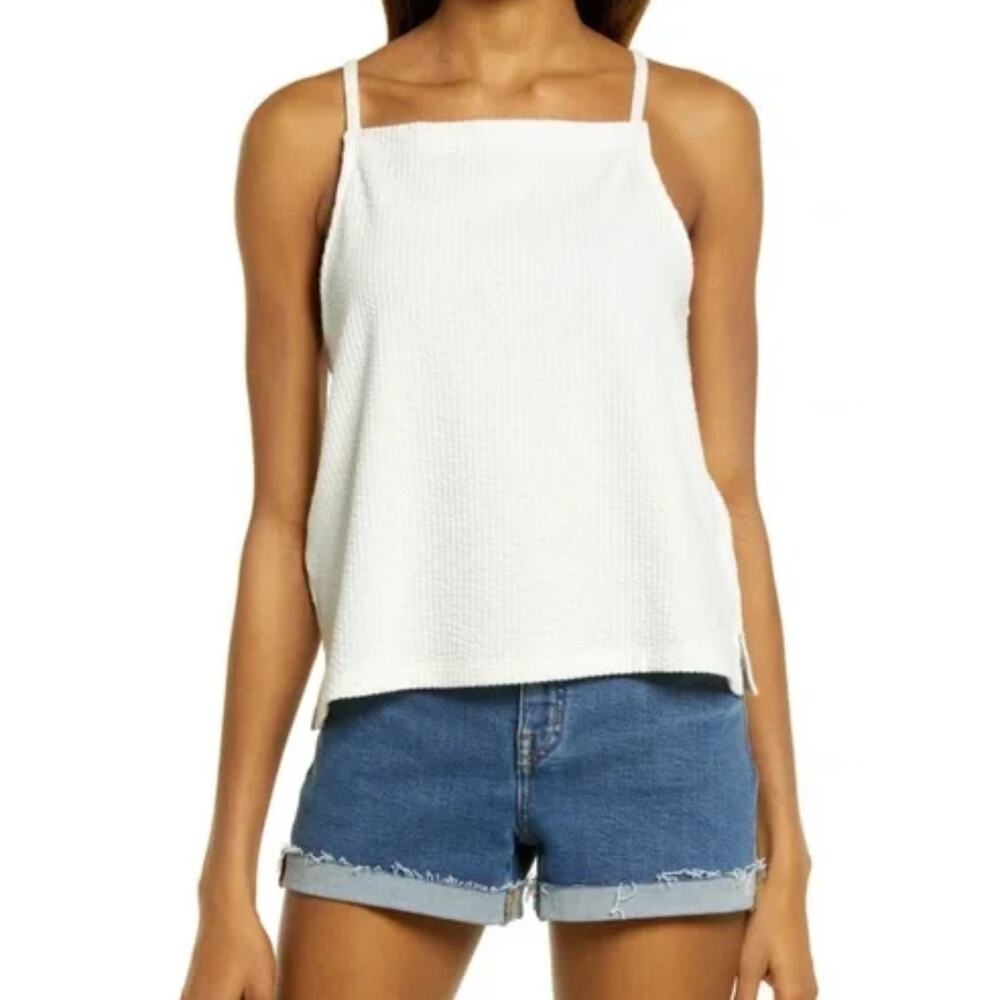 Madewell Women's Seersucker Apron Tank Top L in Lighthouse White Sleeveless